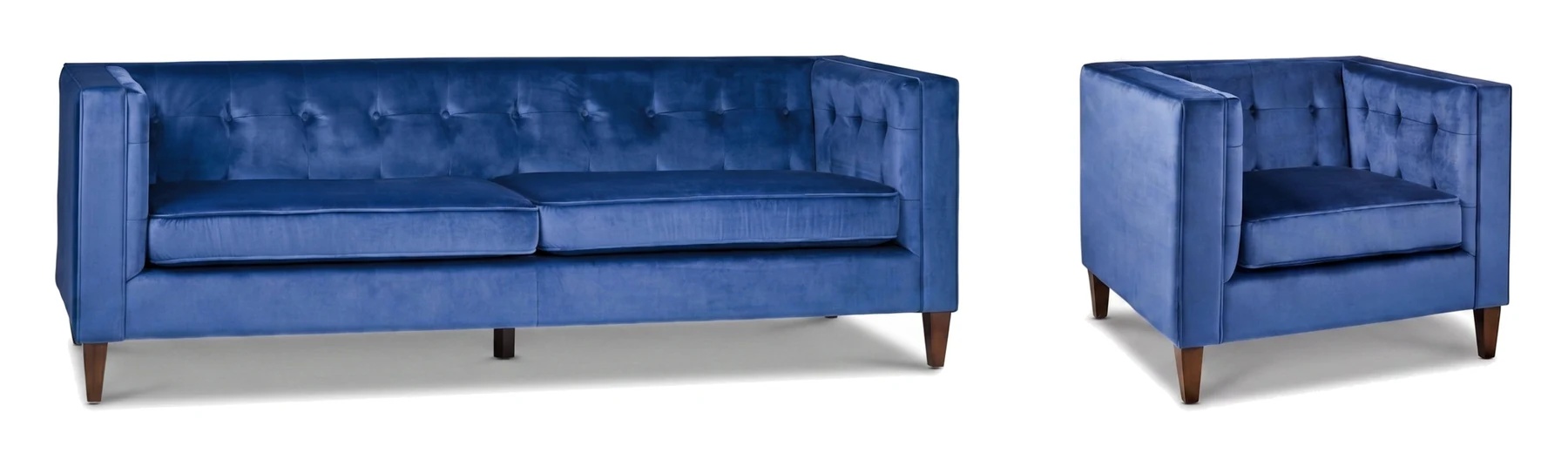 Charlotte sofa and Charlotte lounge chair in indigo velvet with button tufting and walnut-toned legs