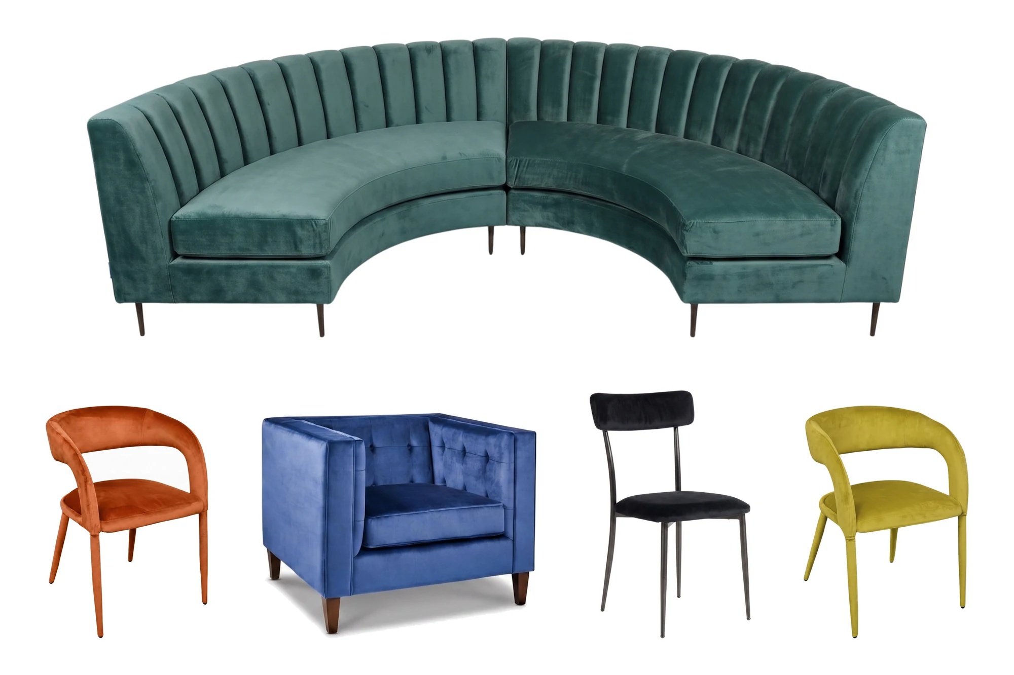 The Fall 2026 Collection: the Celine curved banquette in emerald above Milo chairs in terracotta and chartreuse, a Charlotte lounge chair in indigo, and a Monroe chair in black velvet