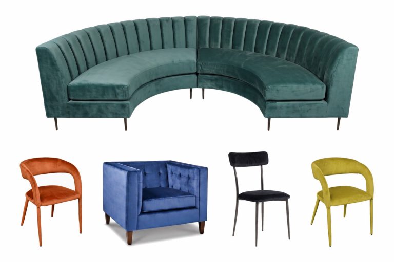 The Fall 2026 Collection: the Celine curved banquette in emerald above Milo chairs in terracotta and chartreuse, a Charlotte lounge chair in indigo, and a Monroe chair in black velvet