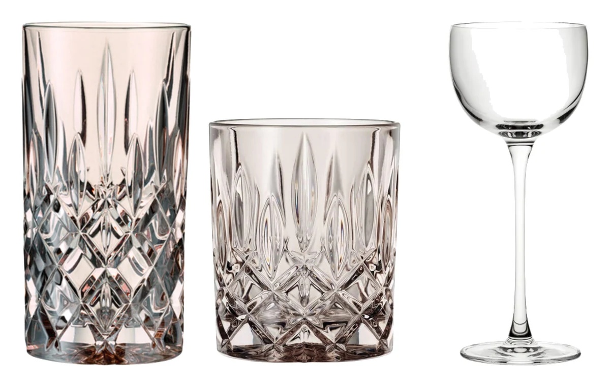 Smoked-taupe cut crystal highball and tumbler beside a clear Nick and Nora glass