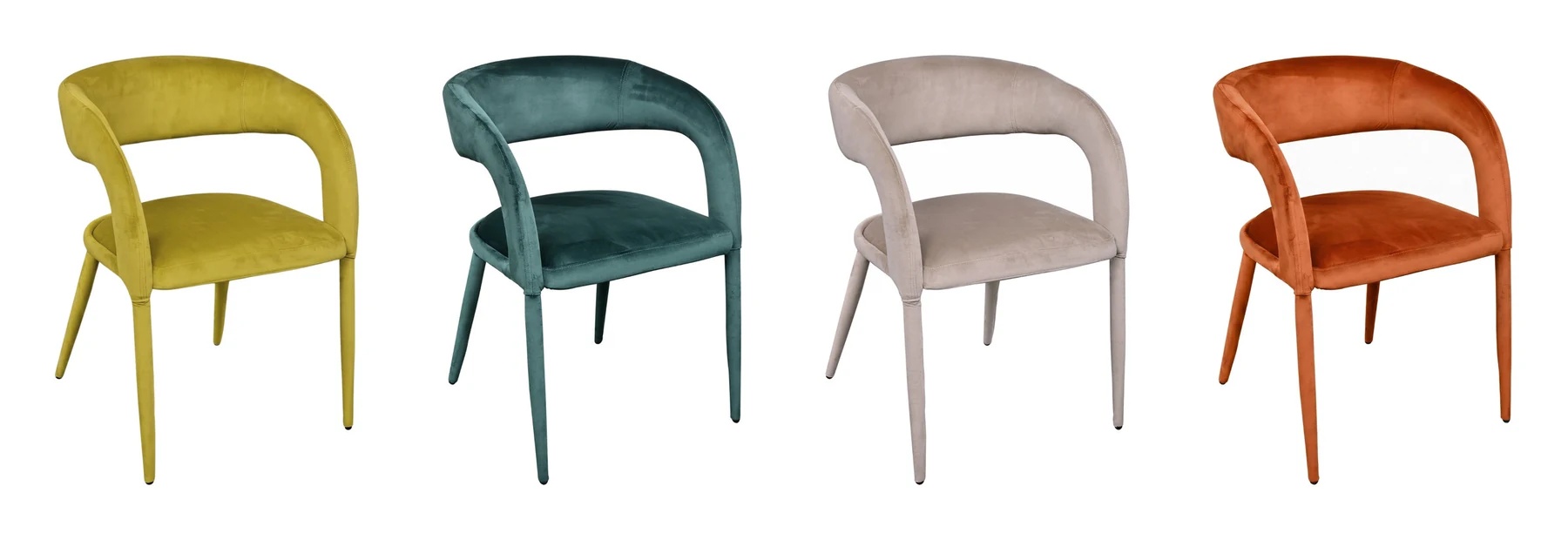 Four Milo dining chairs in chartreuse, emerald, stone, and terracotta velvet