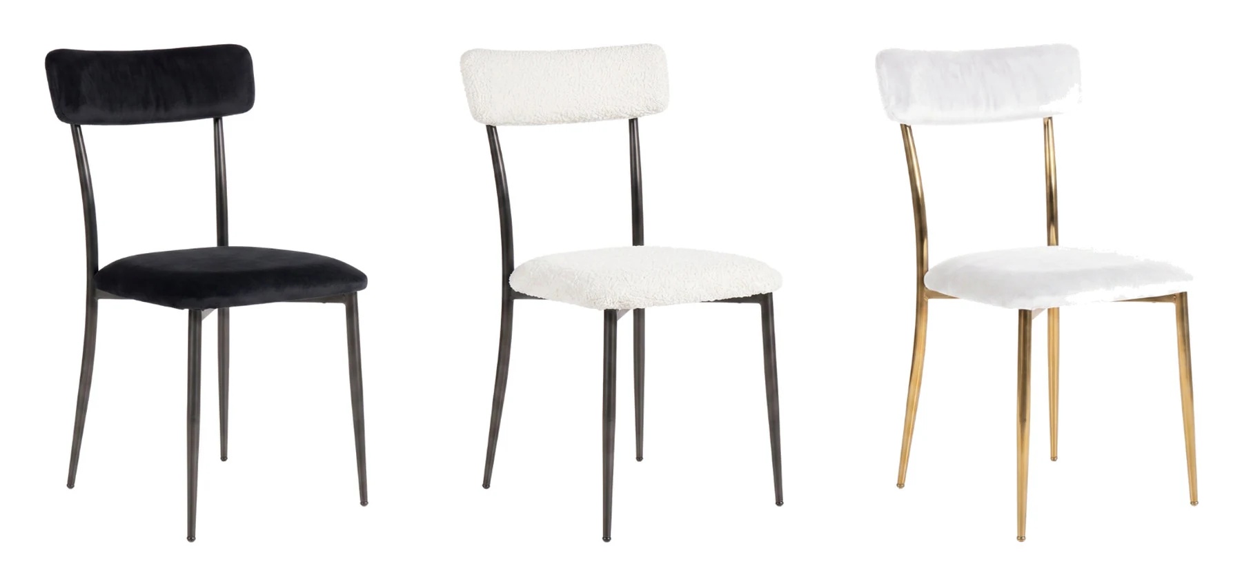 Three Monroe chairs: black velvet on black steel, boucle on black steel, and white velvet on gold steel