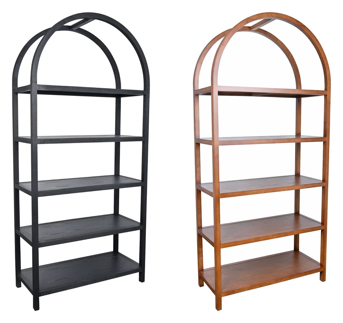 Two arched Vera back bars with open shelving, one black and one brown